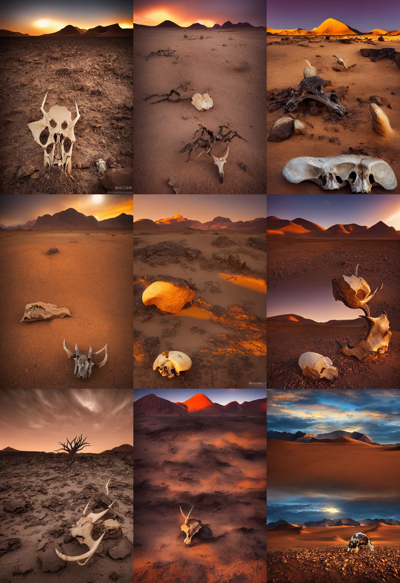 Prompt: amazing landscape photo of the Namib landscape with mountains in the distance and an Oryx skull on the rocks in the foreground by marc adamus, beautiful dramatic lighting, 16mm wide angle lens