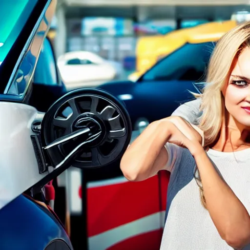 Image similar to petrol station expensive fuel blonde woman nice car cartoon style sunny weather close up shot surprised expression decent clothes