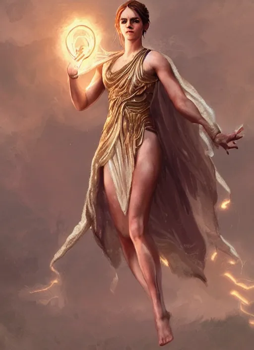 Image similar to emma watson as the greek goddess of lightning, highly detailed, by artgerm and greg rutkowski