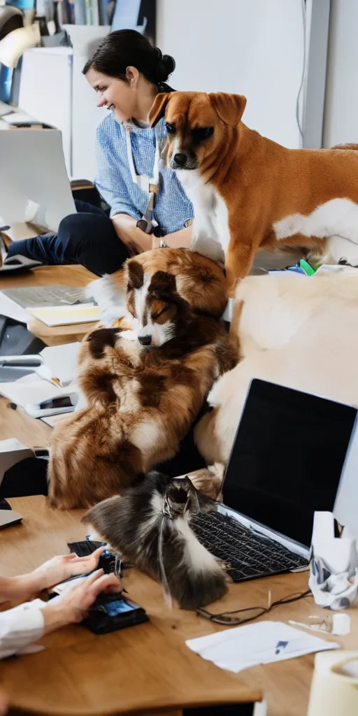 Prompt: pets are working in a modern office