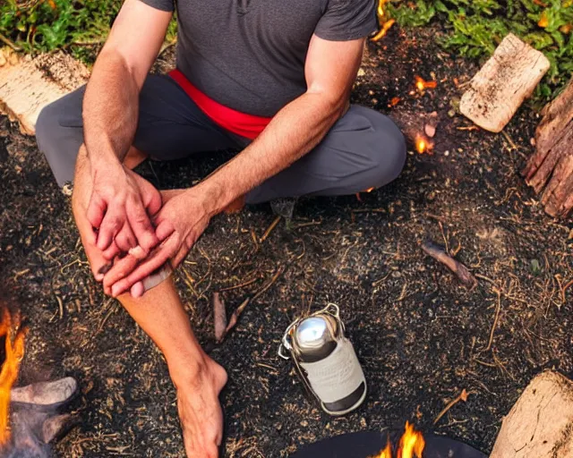 Prompt: mr robert smoke weed and meditate near the campfire in the garden, he has dark grey hairs, detailed glad face, muscular chest, pregnant belly, golden hour closeup photo, red elegant shirt, eyes wide open, ymmm and that smell