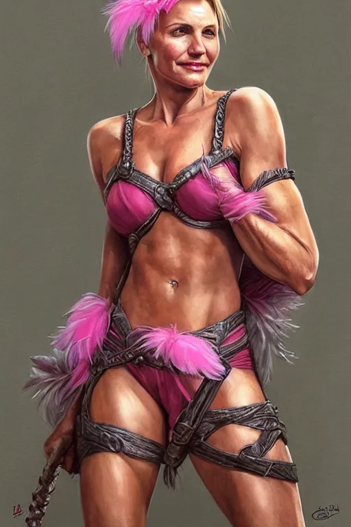 Prompt: muscled Cameron Diaz as a ruggedly handsome hero wearing pink feathers, intricate, elegant, tasteful, highly detailed, centered, digital painting, artstation, concept art, smooth, sharp focus, illustration, art by artgerm and donato giancola and Joseph Christian Leyendecker, WLOP