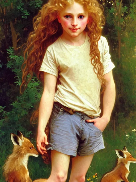 Image similar to a seven - year old with long curly dirty blonde hair, blue eyes, tan skin, a tee shirt and shorts, playing with foxes, painting by daniel gerhartz, alphonse mucha, bouguereau, detailed art, accurate facial details, freckled face, artstation