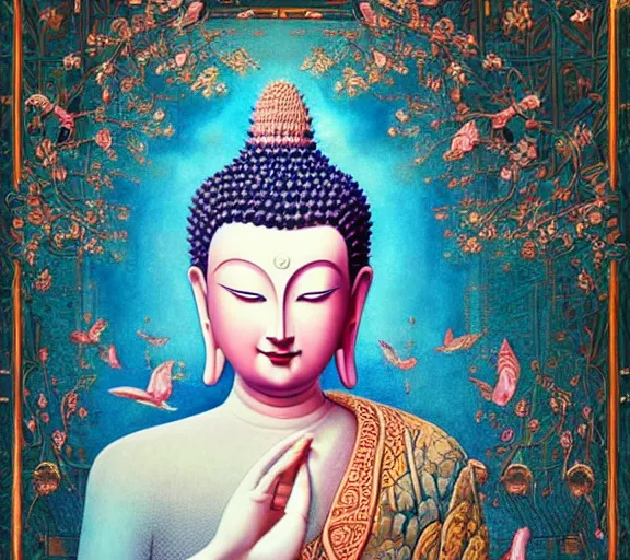 Image similar to breathtaking detailed concept art painting art deco pattern a beautiful buddha with pale skin on sitted on an intricate metal throne, hands pressed together in bow, light - blue flowers with kind piercing eyes and blend of flowers and birds, by hsiao - ron cheng and john james audubon, bizarre compositions, exquisite detail, volumetric lighting, 8 k h 1 0 2 4