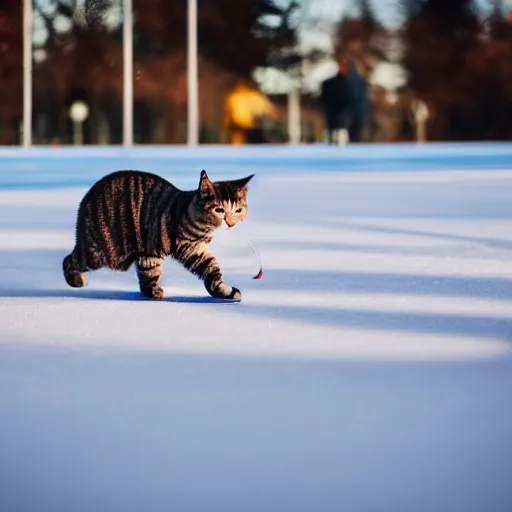 Prompt: Cat on Ice skates playing Hockey in the park, 40nm lens, shallow depth of field, split lighting