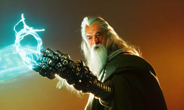 Prompt: cyber - gandalf with large robotic arm and fingers battling the balrog epic 3 5 mm photograph