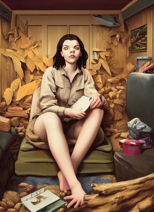 Prompt: Twin Peaks poster artwork by Michael Whelan and Tomer Hanuka, Rendering of Anya Taylor-Joy sitting in empty cabin interior!!!!!!!, clean, holding a log, from scene from Twin Peaks, full of details, by Makoto Shinkai and thomas kinkade, Matte painting, trending on artstation and unreal engine