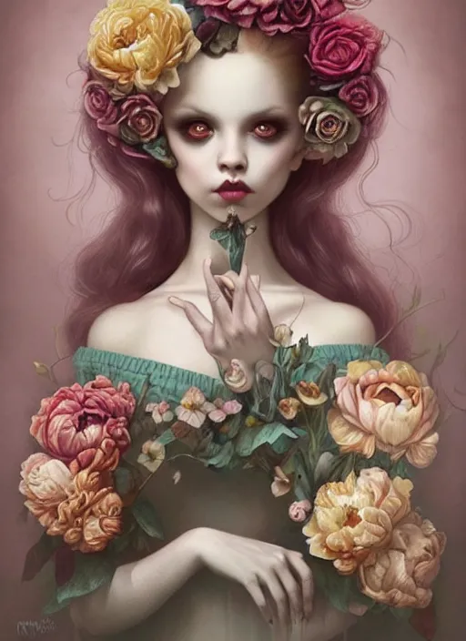 Prompt: pop surrealism, lowbrow art, realistic cute flowers painting, hyper realism, muted colours, rococo, natalie shau, loreta lux, tom bagshaw, mark ryden, trevor brown style,