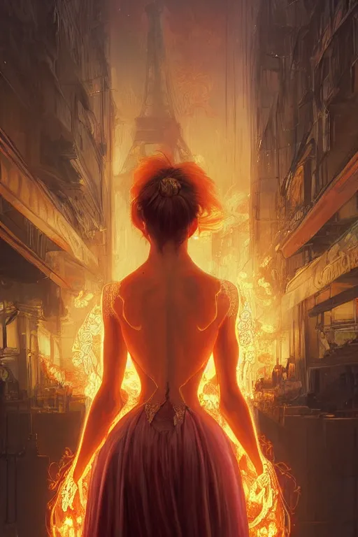 Prompt: in the foreground a blonde woman from behind with flames in her hands coming out of her hands in the background paris in cyberpunk, intricate, highly detailed, digital painting, artstation, concept art, matte, sharp focus, illustration, art by artgerm and greg rutkowski and alphonse mucha