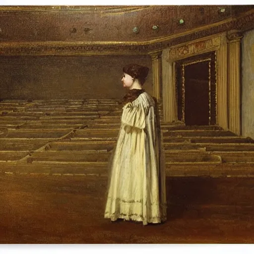 Prompt: an actress on stage in an old theater. she has only a single visitor in the audience, by alfred stevens