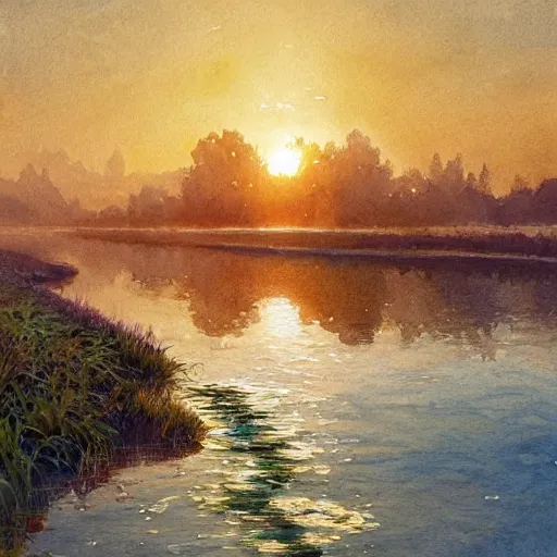 Image similar to River leading into a sunset, Watercolor, photorealistic, high resolution, award winning, trending on artstation, intricate, elegant, highly detailed, digital painting, artstation, concept art, smooth, sharp focus, illustration, art by artgerm and greg rutkowski and alphonse mucha