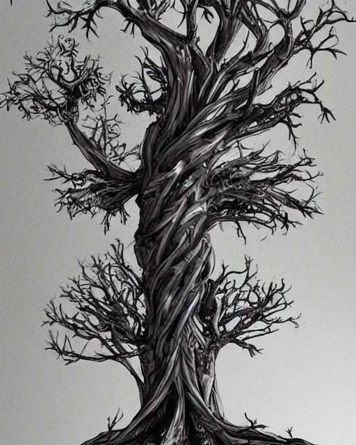 Prompt: biomechanical arms and legs growing out of a tree, intricate details, finger branches, backlit, clouds, concept art