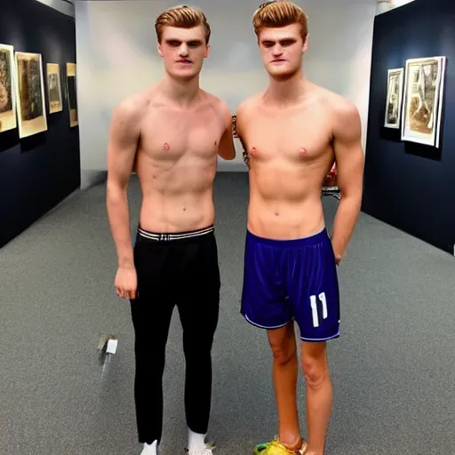 Prompt: a realistic detailed photo of a guy who is an attractive humanoid who is half robot and half humanoid, who is a male android, soccer players martin ødegaard & timo werner, shiny skin, posing like a statue, blank stare, in a museum, on display, showing off his muscles, gold soccer shorts, no jersey, statue, many copies of them