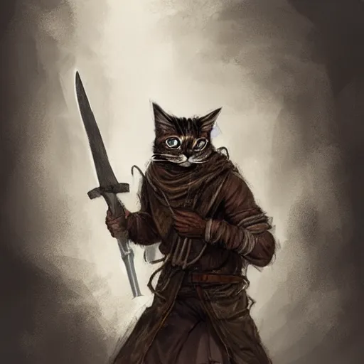 Image similar to dirty humanoid homeless cat wearing rags, wielding a broadsword, concept art, d & d, fantasy, trending on artstation