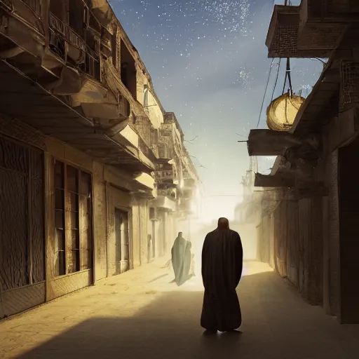 Prompt: old jeddah city alley, roshan, old shops, horse, magical glowing time portal, a man wearing a white robe standing watching over, dramatic lighting sci fi, by caspar david friedrich by beeple and james gilleard and justin gerard, centered, artstation, smooth, sharp focus, photoreal octane render, 3 d, by jean baptiste monge