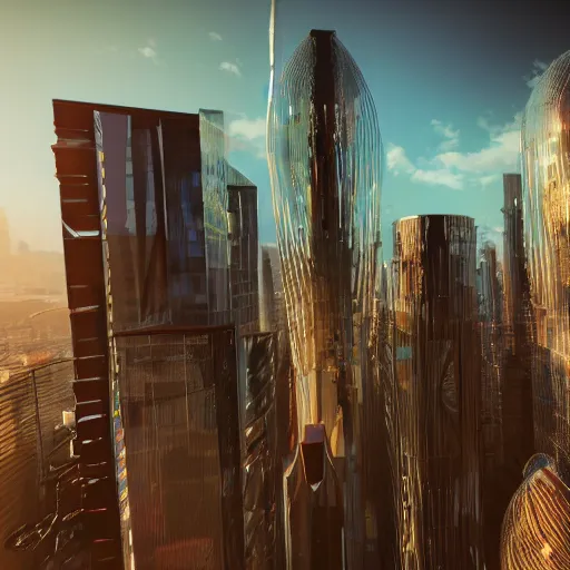 Image similar to innovative avant-garde art, deco fashion, highly detailed, photorealistic portrait, futuristic city architecture , golden hour, unreal engine 5 quality render