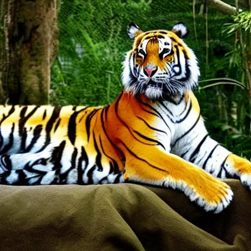 Image similar to Extraordinarily regal looking tiger lounging in the jungle. Award winning art