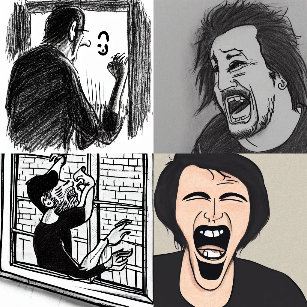 Prompt: drawing of an unkempt man wearing black shirt with SICKOS written on the shirt peering through a window and laughing