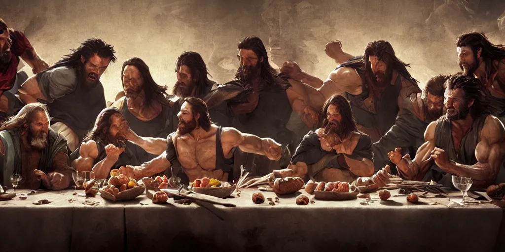 Image similar to professional physically based octane render of Wolverine, fighting Judas at the Last Supper, character concept art, epic composition, style of Marvel, 8k comic art, intricately detailed