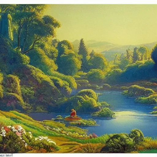 Image similar to A beautiful photograph of a landscape. It is a stylized and colorful view of an idyllic, dreamlike world with rolling hills, peaceful looking animals, and a flowing river. The scene looks like it could be from another planet, or perhaps a fairy tale. umber by Hal Foster relaxed, dull