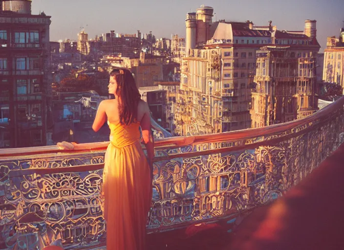 Prompt: a fantasy queen stands on a balcony overlooking a fantasy city, golden light and glow, 3 5 mm photography