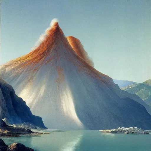 Image similar to tall crystal cliff with active volcano by william stanley haseltine