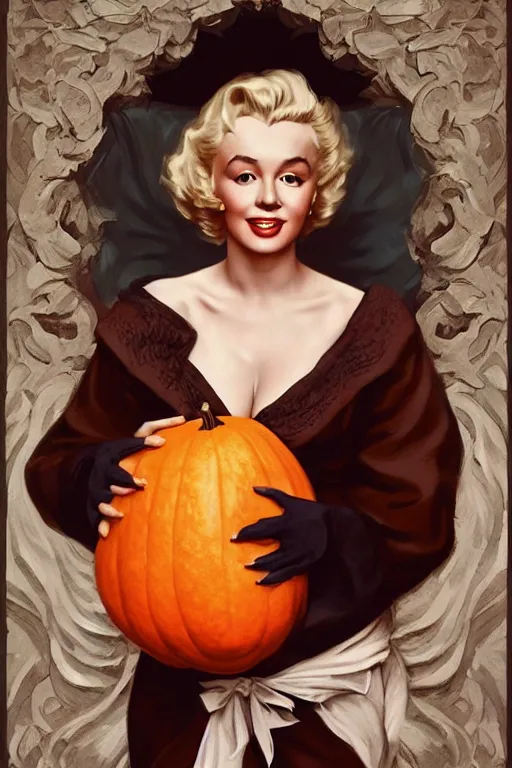 Image similar to beautiful cottagecore Marylin Monroe holding a giant pumpkin. intricate, elegant. highly detailed, digital painting, artstation, concept art, smooth, sharp, focus, illustration. . art by artgerm and greg rutkowski and alphonse mucha