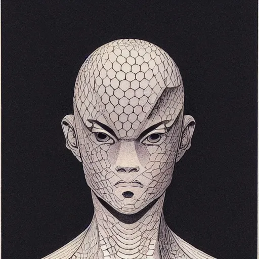 Image similar to prompt: Fragile looking vessel portrait face drawn by Katsuhiro Otomo, inspired by Escher, magical and alchemical objects on the side, soft light, white background, intricate detail, intricate ink painting detail, sharp high detail, manga and anime 2000