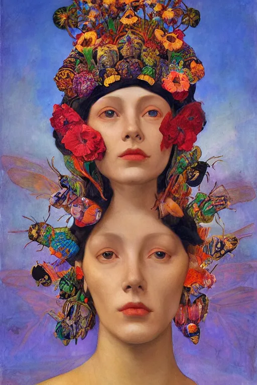 Image similar to queen of summer, by Annie Swynnerton, and Nicholas Roerich and Tino Rodriguez and Diego Rivera , elaborate headdress and embroidered velvet, iridescent beetles, rich color, dramatic cinematic lighting, extremely detailed, featured on artstation