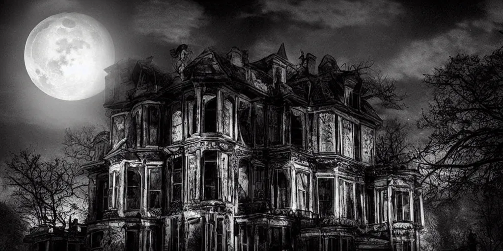 Image similar to inside a haunted mansion at night, moonlight shines through the windows, dramatic shadows, gothic