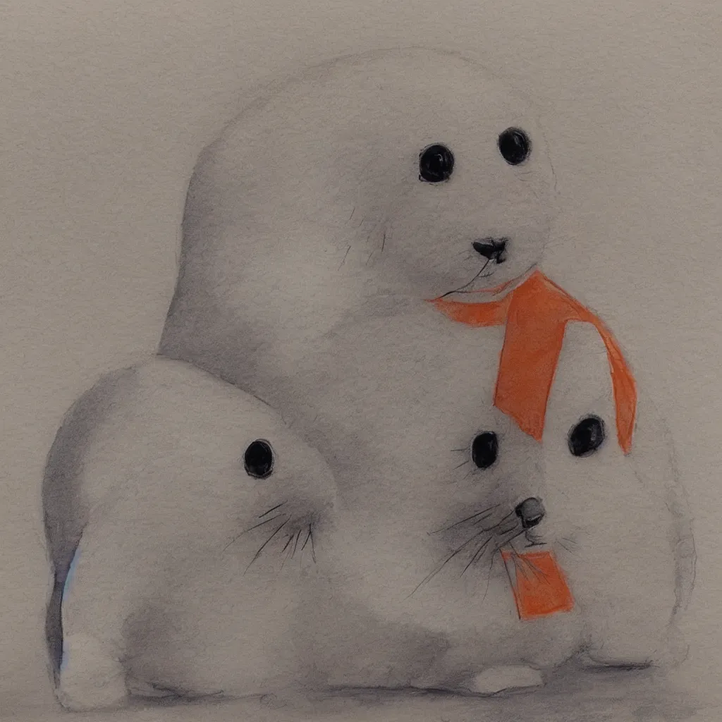 Image similar to a baby harp seal in an orange prisoner jumpsuit at the witness stand, courtroom sketch