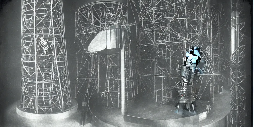 Image similar to anthropomorphic furry wolf inside a giant automaton tower that tracks the stars, 1900s photograph