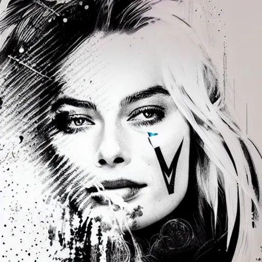 Image similar to tattoo design sketch of double exposure effect on margot robbie face and beautiful mountains, in the style of matteo pasqualin, amazing detail