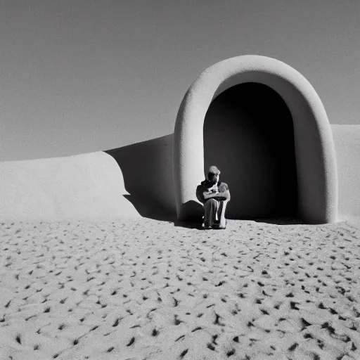 Prompt: a man in brightly colored clothing standing outside a Non-Euclidean orb-like clay house sitting in the desert, vintage photo, beautiful cinematography, blue sky, film grain, James Turrell