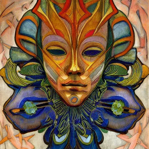 Image similar to masterpiece painting of a facemask made of stylized flowers, by annie swynnerton and jean delville and tino rodriguez and john watkiss and rufino tamayo, flower mask, art deco shaman, symbolist, dramatic lighting, god rays, elaborate geometric ornament, modern realism, clean crisp graphics, soft cool colors, smooth, sharp focus, extremely detailed