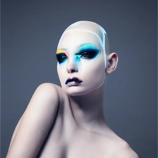 Image similar to high fashion photography of a model in neo futurism white sci - fi makup, transparent cloth, beautifully lit