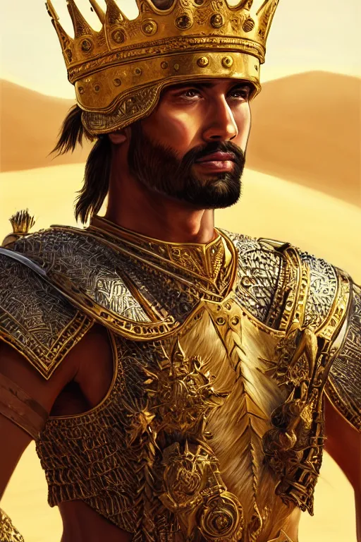 Image similar to Portrait of the King of the Desert, Warrior Man, standing in Sand, detailed scene, Gold Armour and Crown, Sword, handsome attractive face, beautiful face, photo realistic, highly detailed, dramatic lighting, majestic, trending on artstation, elegant, intricate, highly detailed, digital painting, concept art, by artgerm