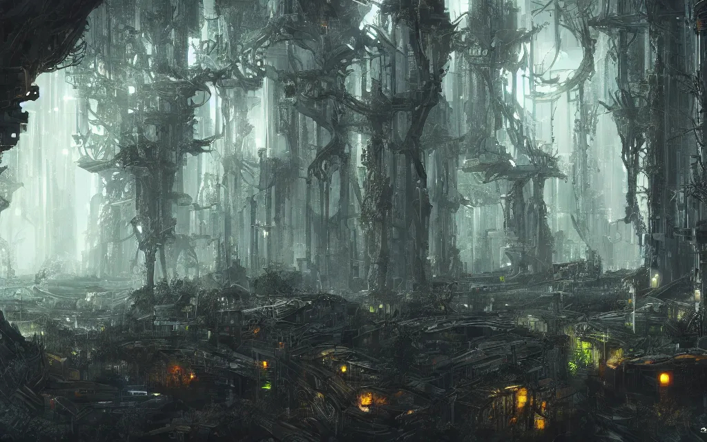 Image similar to a dark forest where gears and electronic parts grow on the trees tops, cyberpunk landscape wallpaper, d&d art, fantasy, painted, 4k, high detail, sharp focus