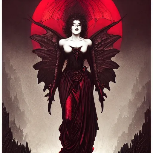 Image similar to gustave dore beautiful desirable vampire girl with ivory skull wings with some crimson, black background, beautifully lit, hyperdetailed, lighting, featured on artstation, by james jean, moebius, cory loftis, craig mullins, rutkowski, mucha klimt and tom bagshaw, 4 k, micro details