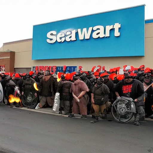 Prompt: orcs standing outside of a Walmart, protesting the working conditions, in 2005