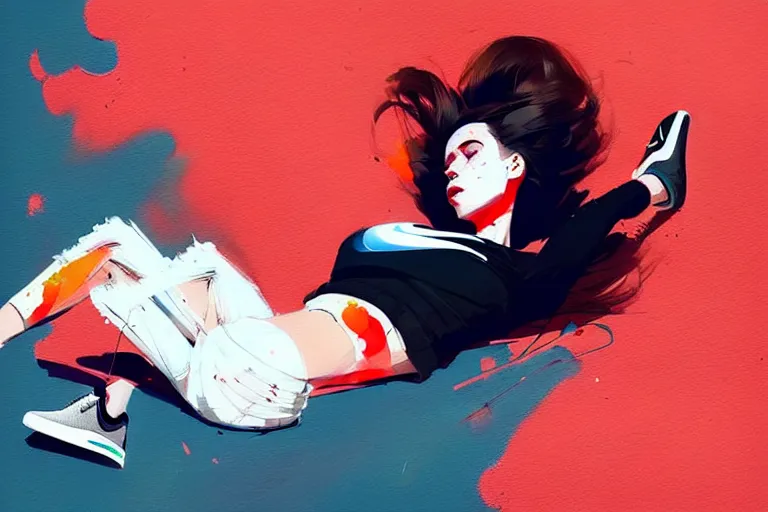 Image similar to a ultradetailed painting of a stylish woman laying on the ground, she is wearing nike air force 1 sneakers, by conrad roset and greg rutkowski, trending on artstation