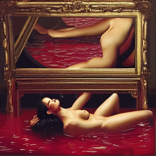 Image similar to Emily Ratajkowski full body laying in a blood red pool of water between a golden mirror frame, outside is space and inside the mirror frame is a beautiful landscape., physically accurate, dynamic lighting, intricate, elegant, highly detailed, very very Roberto Ferri, sharp focus, illustration, art