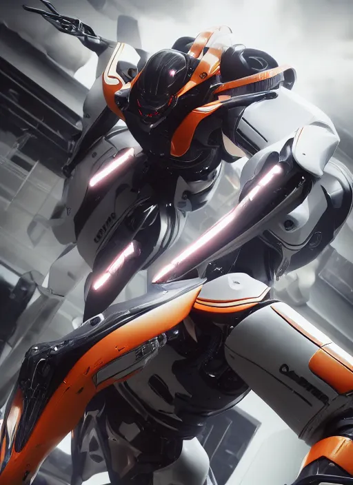 Image similar to a Photorealistic dramatic hyperrealistic full frame render of a Sleek futuristic exosuit Freedom Formula Racing Mech,Ultra realistic details,glossy white metal,Orange racing stripes,weathered surfaces,by Hidetaka Tenjin,Yoh Yoshinori,Yoji Shinkawa,Masamune Shirow,Beautiful dramatic dark moody tones and lighting,cinematic atmosphere,studio lighting,shadows,dark background, Octane render,8K