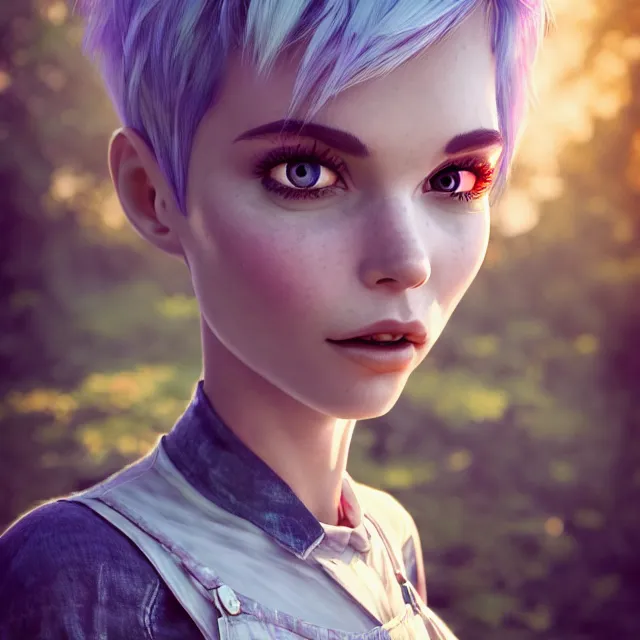 Image similar to full body pose, beautiful adult fairy, pixar, short white hair shaved sides, dirty, grungy, grunge, long sleeve, painted overalls, stacks of giant books, highly detailed, 4 k, hdr, smooth, sharp focus, high resolution, award - winning photo, artgerm, photorealistic