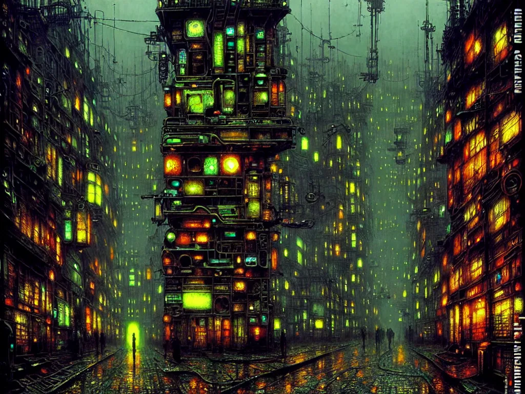 Prompt: post apocalyptic alien electric robot stunning dense city by john atkinson grimshaw, dramatic, highly detailed, vibrant