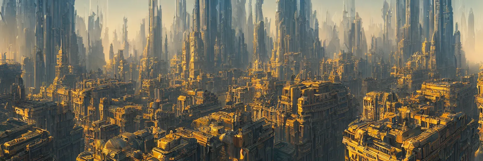 Image similar to an extensive matte painting with high detail, ground level, sci - fi colorful victorian megacity at golden hour with sharp shadows by tyler edlin and sparth, 4 k, vray, art nouveau influences. roger deakins, cinematic cinematography.