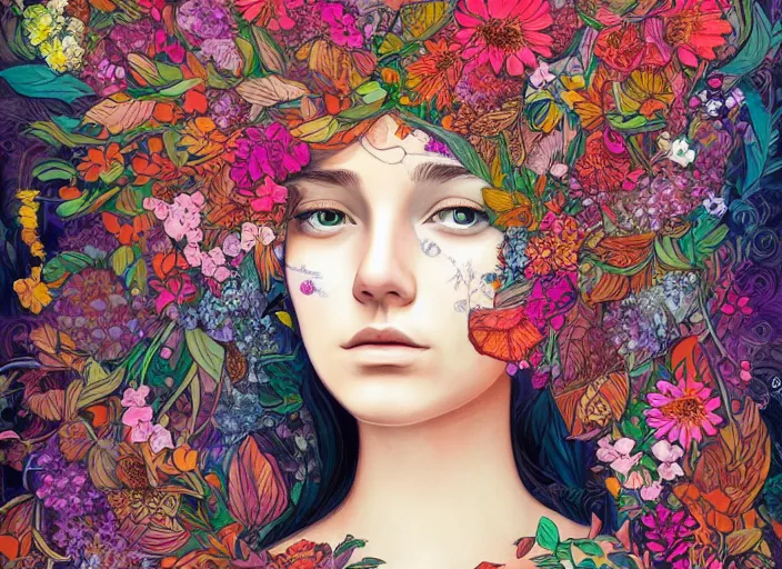 Image similar to a painting of a beautiful young girl with a lot of flowers and plants on its head, poster art by android jones, behance contest winner, generative line art, made of flowers, grotesque, concert poster