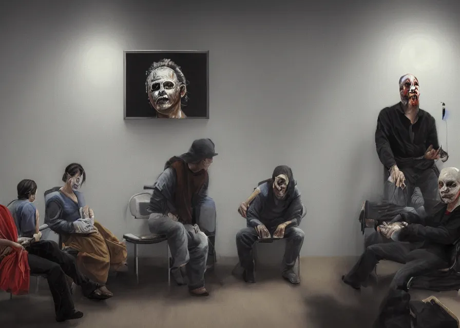 Image similar to dynamic portrait painting of Michael Myers sitting in the waiting room of an optometrist amongst other normal patients, sharp focus, face focused, trending on ArtStation, masterpiece, by Greg Rutkowski, by Ross Tran, by Fenghua Zhong, octane, soft render, oil on canvas, decorated wall with pictures of eyes, moody lighting, high contrast, cinematic