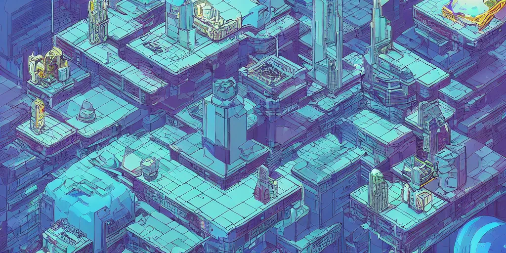 Image similar to a mile above a cyberpunk landscape. isometric perspective. science fiction art. near future world moebius