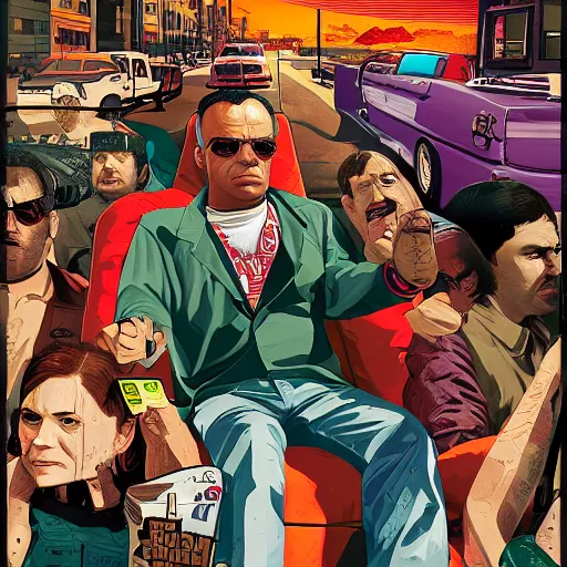 Image similar to crazy delusional tripping hobbo GTA V poster, detailed, closeup